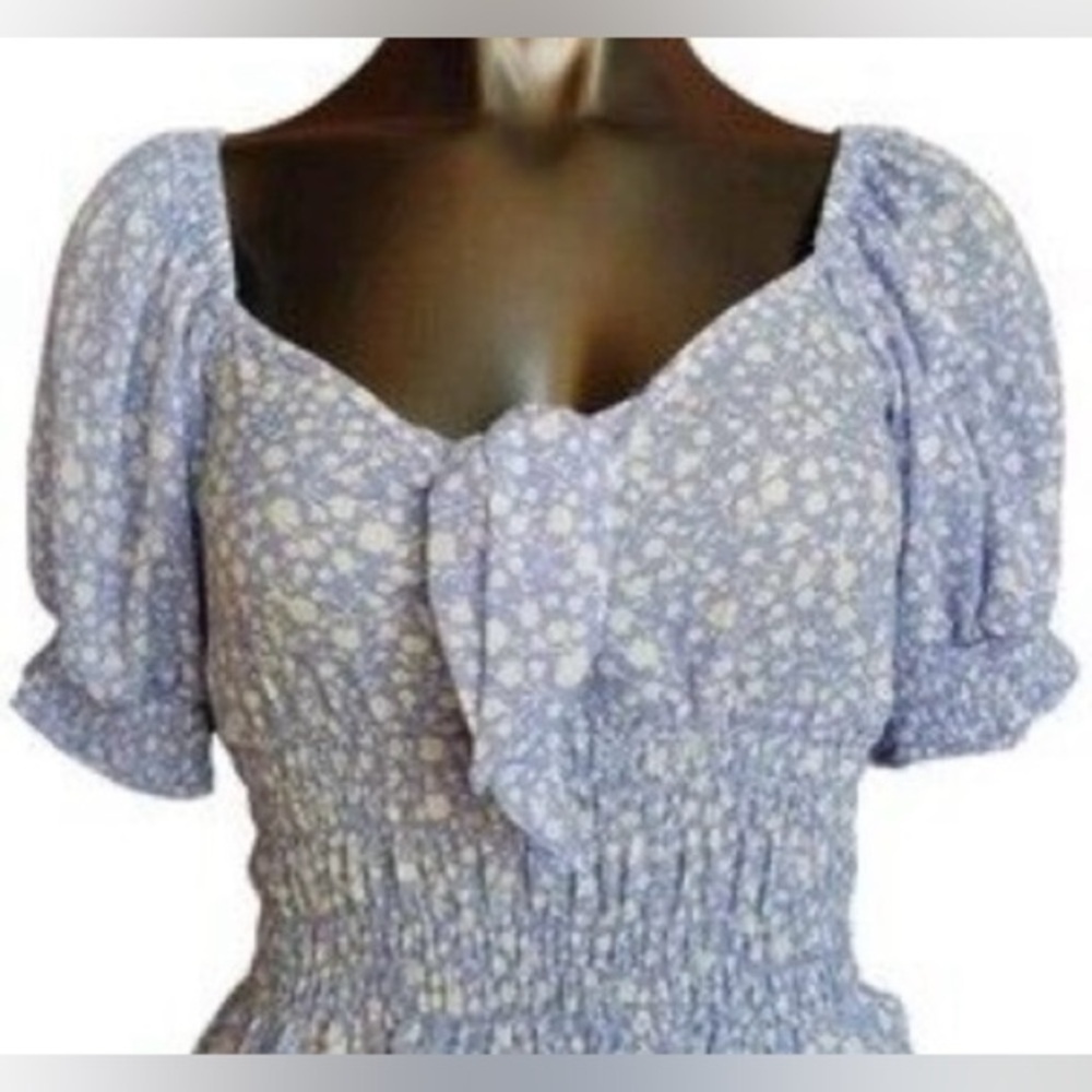 Sienna Sky Blue and White Puff Sleeve Crop Top with Tie Front